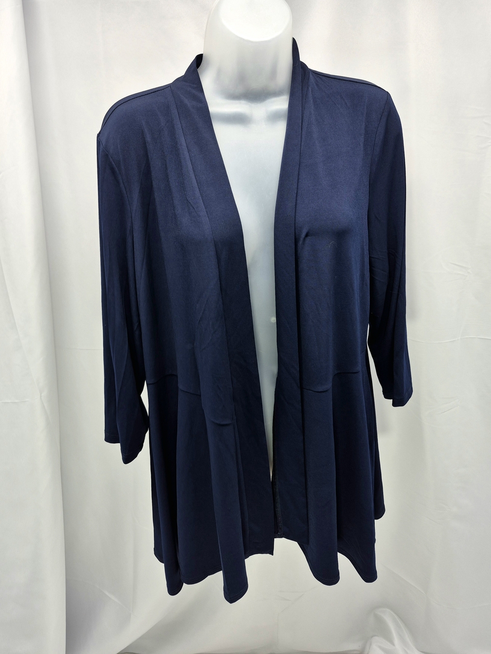 Susan Graver L Navy Blue Draped Open Front Cardigan Jacket Relax Fluid Draping